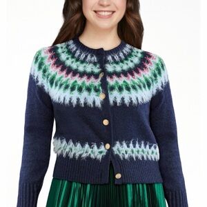 Free Assembly Navy Blue Green Fair Isle Cardigan Sweater Gold Buttons Women S